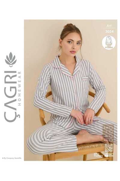 Çağrı Women's Striped Soft Long Sleeve Button down Pajama Set