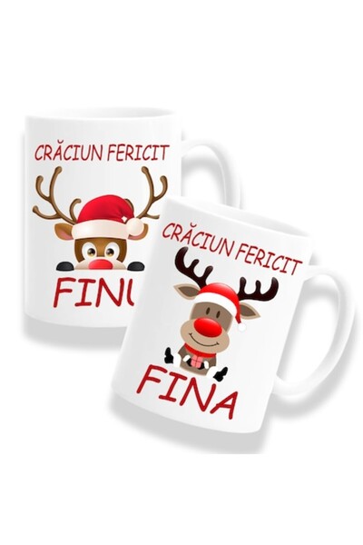 OEM Set 2 mugs with message: 'Merry Christmas Fina/Finu', Betaprint, Reindeer...
