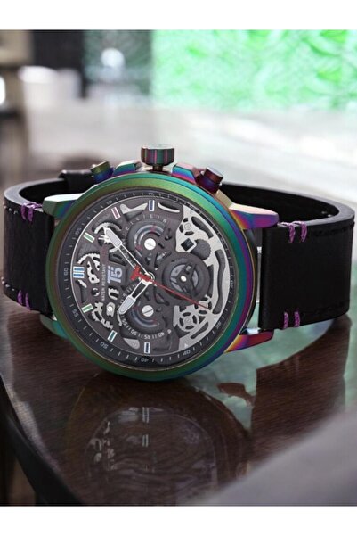 T5 Saat T5 Men's Wristwatch – Rainbow Case – Black Leather Band – Skeleton Transparent Dial – Multifunctional