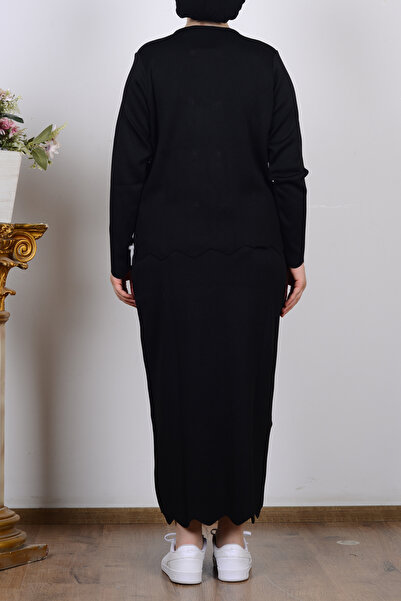 Armine 25YTD6118 Siyah Kadın Düğme Detaylı Bisiklet Yaka Triko Etekli Takım