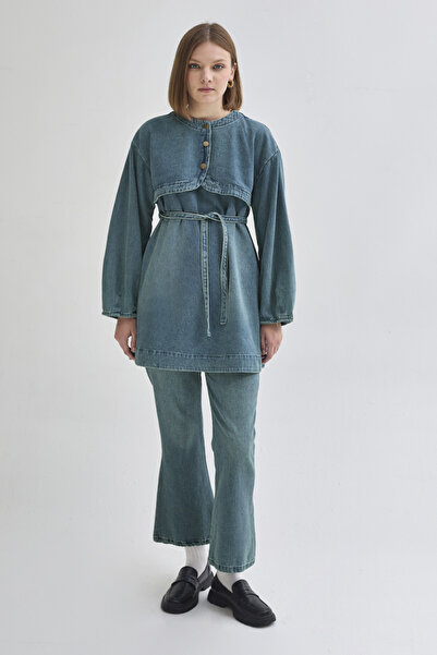 ZÜLAYS Yarım Düğmeli Denim Tunik Yeşil Tintli