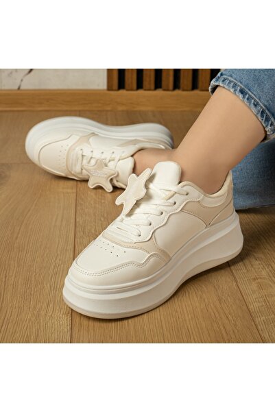 Modlet.ro Women's white and beige thick-sole lace-up sports shoes MOD13024