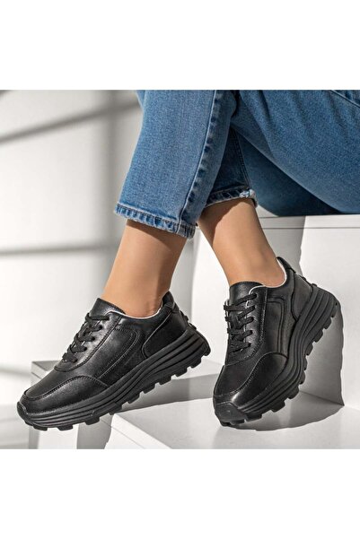 Modlet.ro Pantofi sport cu șireturi din piele neagră pentru femei MOD12976