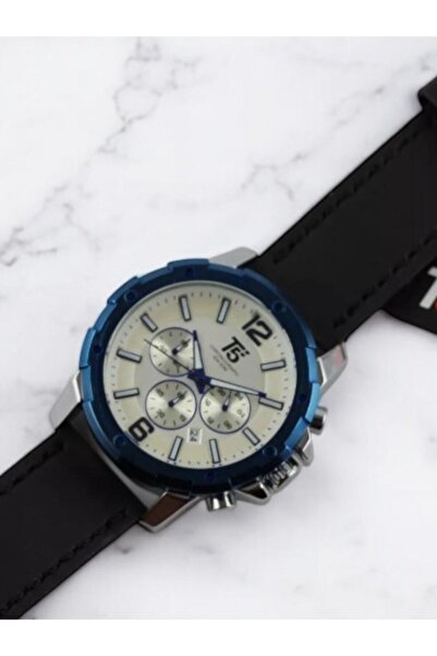 T5 Saat T5 Men's Wristwatch – Black Leather Band – Blue Bezel – White Dial – Multifunctional