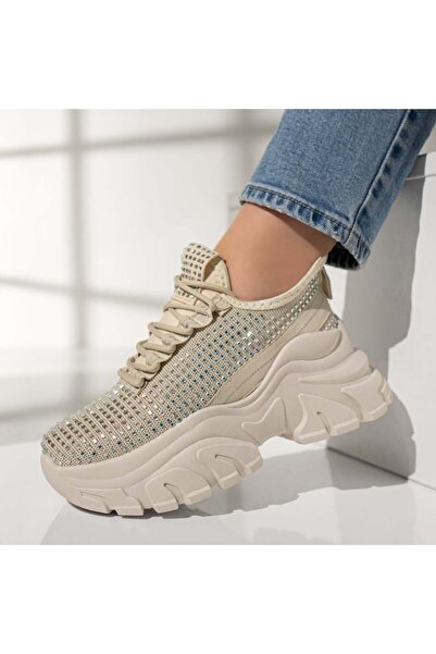 Modlet.ro Women's beige thick-sole sports shoes with metallic details MOD12972