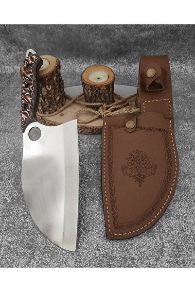 Craftique Yatağan %100 El Yapımı Dövme Çelik Özel Deri Kılıflı Mutfak ve Outdoor Almazan Serisi Şef Satırı