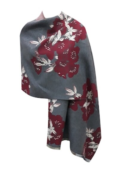L-line fashion Eșarfă de damă cu două fețe, gri/roșu, model floral, 190x65 cm