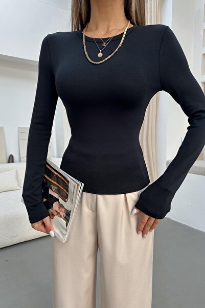 mylove Round Double Stitched Collar Basic Blouse Black