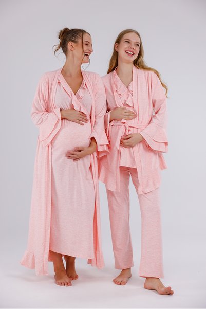 Lohusa Dünyasi Women's Pink Double-Breasted Collar Maternity Nightgown Dressing Gown Pajamas 5-Piece Set