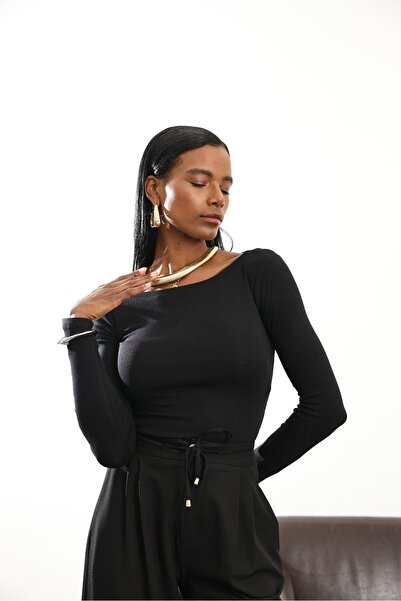 5in1Canpolat Black Boat Neck Long Sleeve Basic T-Shirt 16483