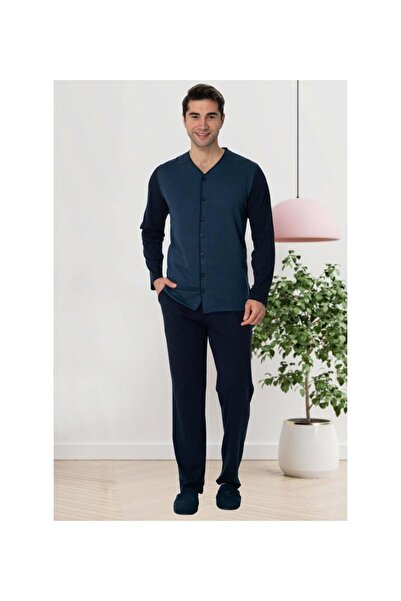 Mecit Pijama طقم بيجامة رجالي بأكمام طويلة وأزرار أمامية مقاس كبير 100% قطن