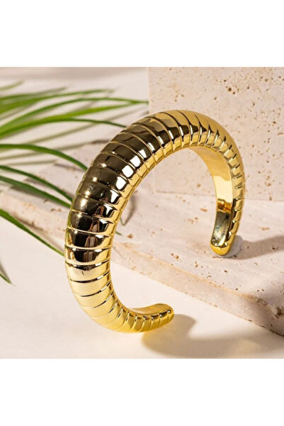 Ervalina Çizgili Açık Kelepçe Bileklik Gold Renk