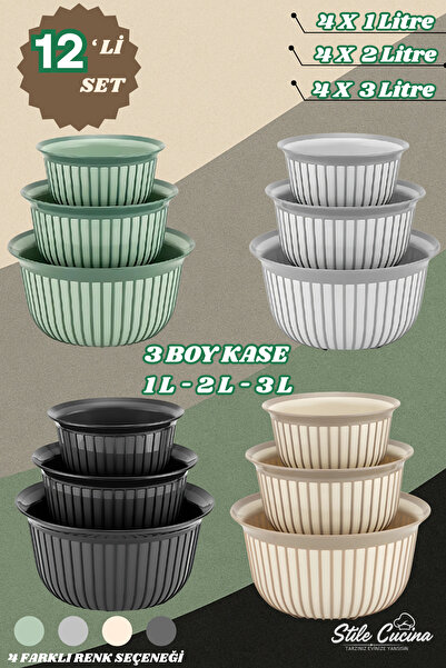 Stile Cucina 12-Piece Economical Linea Round Bowl Set Anthracite 4X(1 Liter- 2 Liter- 3 Liter)