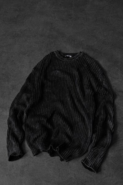 Slatra Men's Anthracite Washed Ribbed Wool Blend Crew Neck Oversize Sweater
