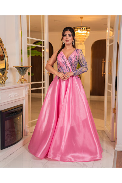 DADO BELLA Pembe Asimetrik Yaka Tek Kol Payetli Boncuklu Kloş Etekli Saten Abiye