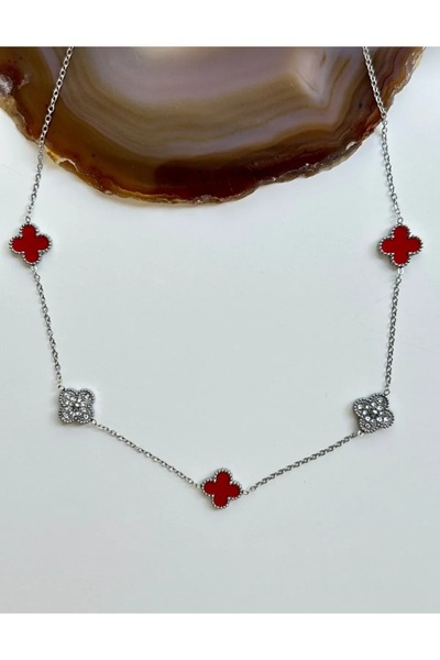 GUNESTAKI 316L Silver Burgundy Stone Steel Necklace