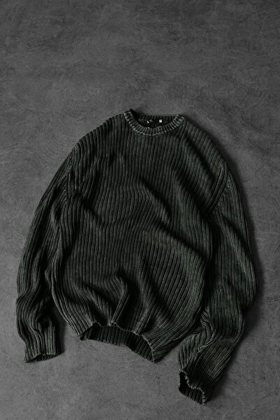 Slatra Men's Khaki Washed Ribbed Wool Blend Crew Neck Oversize Sweater