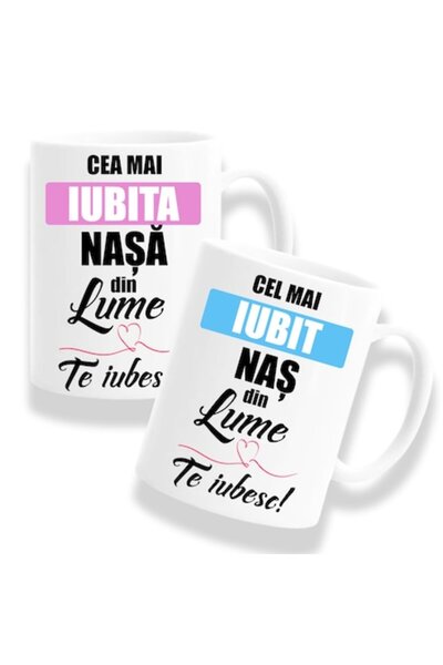 OEM Set 2 căni personalizate pentru nași cu mesajul „Cea mai iubită nașă din ...