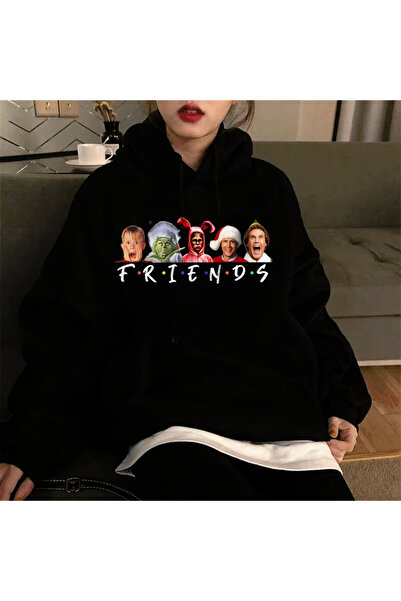 Le Savu سويت شيرت فريندز كريسماس مطبوع باللون الأسود بغطاء رأس