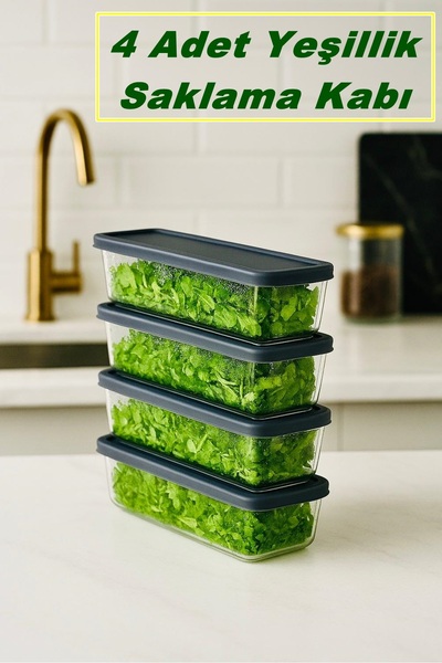 İndirimKap 4'Lü Set Yeşillik Saklama Kabı Buzdolabı Organizer Mikrodalga ve D...