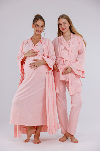 Lohusa Dünyasi Kadın Pembe Kruvaze Yaka Lohusa Hamile Gecelik Sabahlık Pijama...