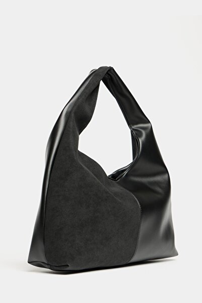 Madamra Black Suede and Pu Leather Contrast Women's Shopper Shoulder Bag – Soft Form Vintage Model