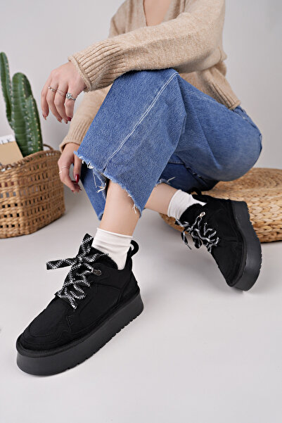 moda sara Γυναικείες Μπότες Μαύρες Suede Shearling