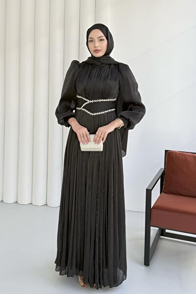 Modaensarbutik Belden Oturtmalı Taş İşlemeli Jan Jan Tesettür Abiye-SİYAH