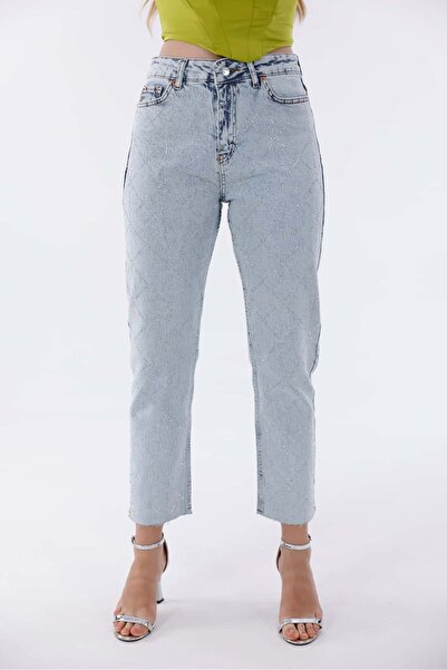 Pulli Collection Baklava Desen Taş İşlemeli Yüksek Bel Mom Fit Jean Pantolon - Açık Mavi