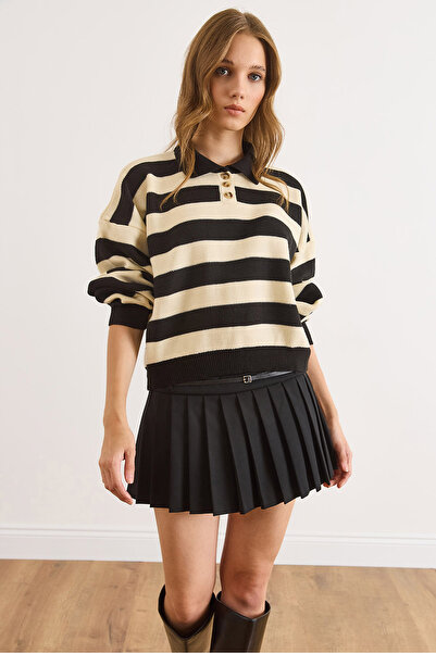 Olalook Pulover tricotat cu dungi, cu guler polo, alb-negru, pentru femei KZK-19001004