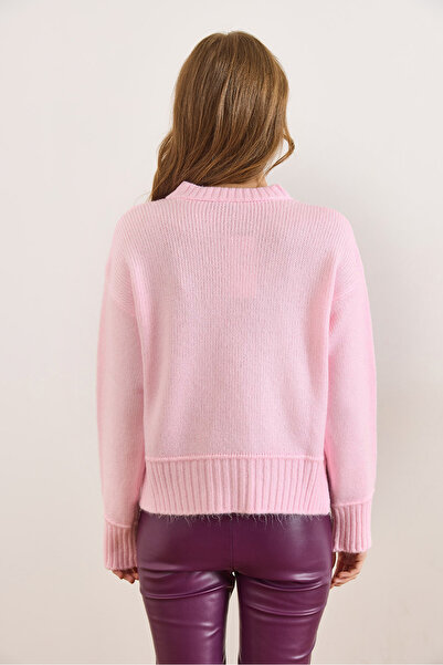 Olalook Kadın Pembe Yumuşak Dokulu Yırtmaçlı Triko Kazak KZK-19001007