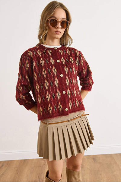 Olalook Women's Burgundy Tiny Diamond Patterned Embroidered Knit Cardigan Hrk-19000411