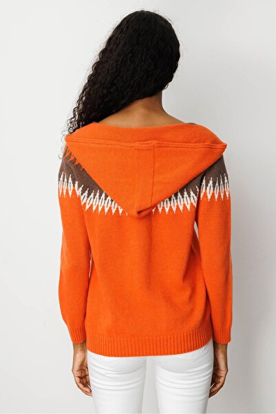 Desen Triko Women's Hooded Robe Argyle Cardigan Orange