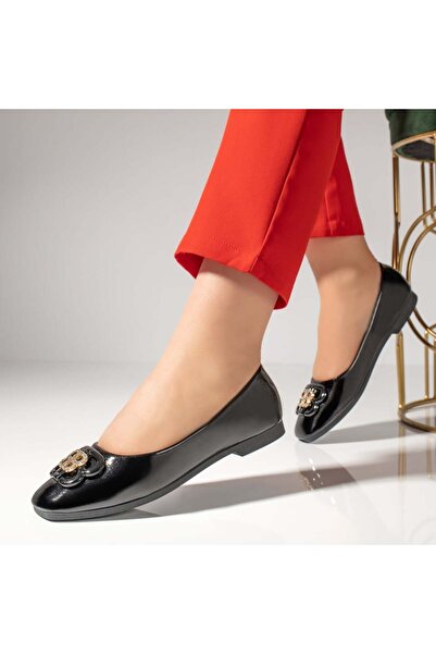 Modlet.ro Balerini negri lucioși pentru femei cu detalii metalice MOD11204