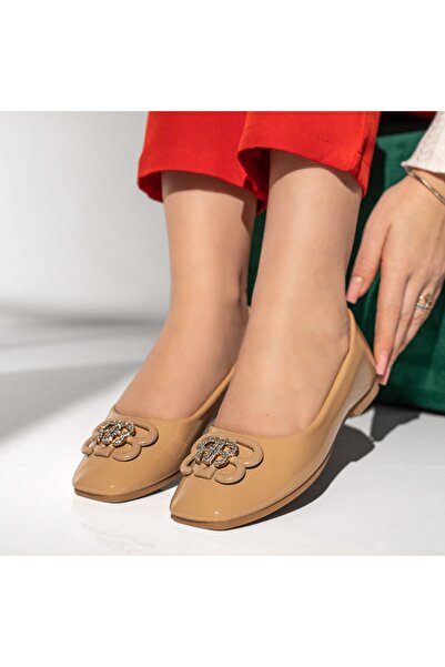 Modlet.ro Women's glossy khaki ballet flats with metallic details MOD11204