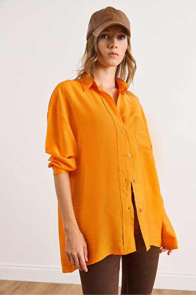 Olalook Women's Orange Pocket Oversize Javanes Shirt Gml-19001395