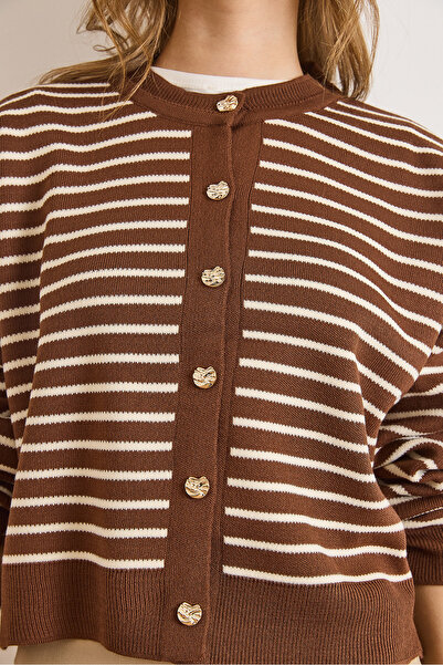 Olalook Women's White Coffee Color Stripe Detailed Bicycle Cardigan Knitwear Cardigan Hrk-19000412