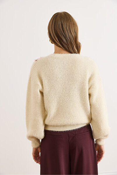 Olalook Women's Ecru Sweater with Detailed Soft Texture Beard Cardigan Hrk-19000380