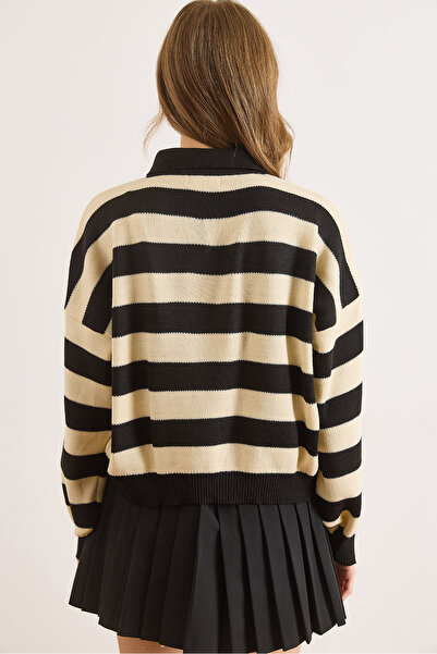 Olalook Pulover tricotat cu dungi, cu guler polo, alb-negru, pentru femei KZK-19001004