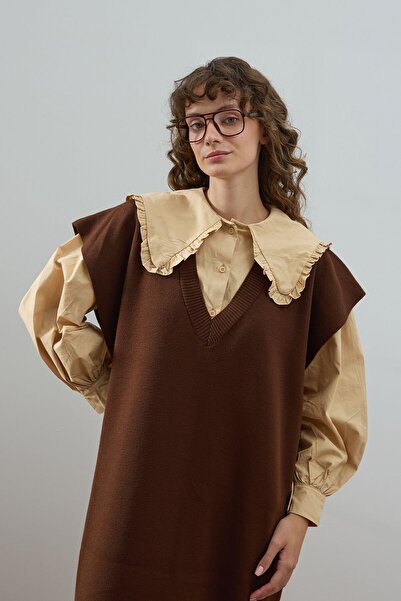 Ceylan Otantik Tricotaje Bitter Brown Gilet cu decolteu în V