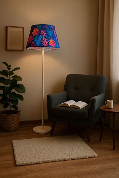 Ömür Avize desenli konik şapkalı beyaz ayaklı lambader