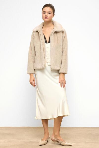 Olcay Reglan Sleeve Zippered Faux Fur Jacket Bej 1012