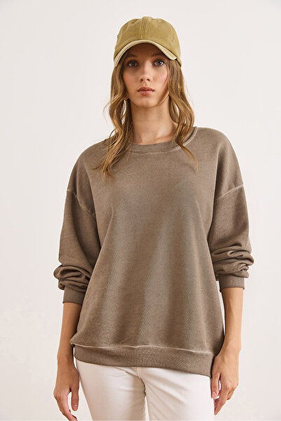 Olalook Kadın Vizon Bisiklet Yaka Şardonsuz Yıkamalı Basic Sweatshirt SWT-19000757