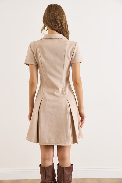 Olalook Kadın Taş Süet Yakası Gizli Fermuarlı Pileli Mini Elbise ELB-19002542