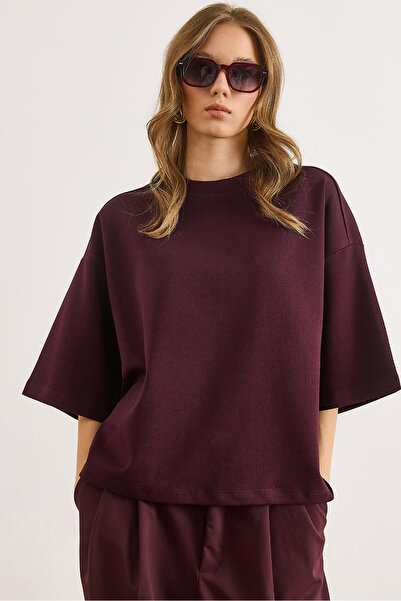 Olalook Γυναικείο μπλουζάκι με λαιμόκοψη μπορντό Oversize Interlock TSH-19000936