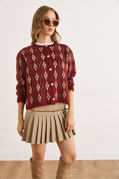 Olalook Women's Burgundy Tiny Diamond Patterned Embroidered Knit Cardigan Hrk-19000411