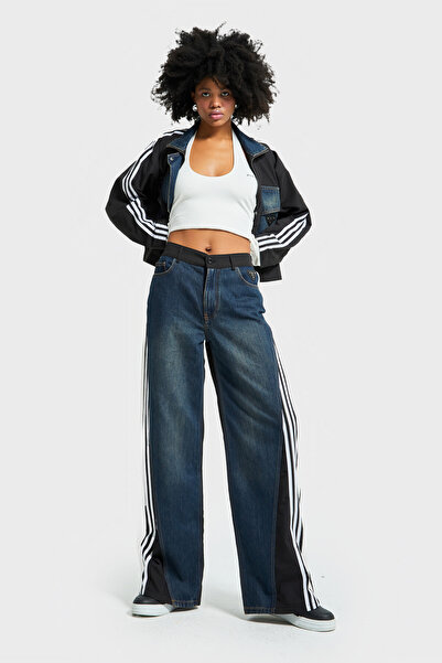 its basic Women's Denim Color Double Piece Fabric Stripe Detailed Loose Fit Special Design Denim Jean