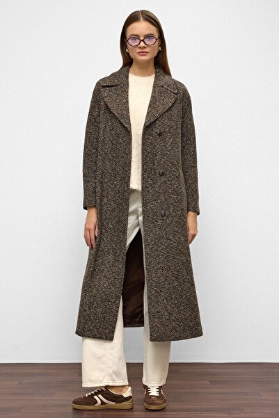 Olcay Oversize Snap Closure Herringbone Pattern Medium Length Coat Brown 3035