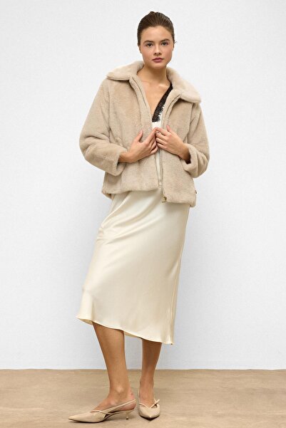 Olcay Reglan Sleeve Zippered Faux Fur Jacket Bej 1012