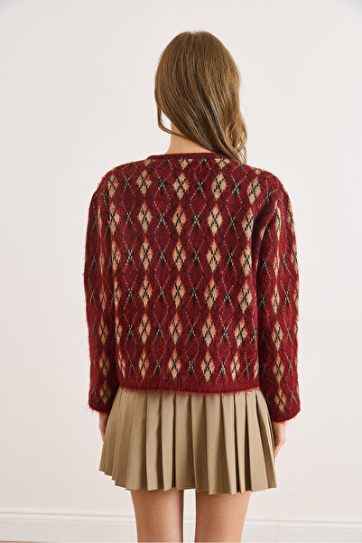 Olalook Women's Burgundy Tiny Diamond Patterned Embroidered Knit Cardigan Hrk-19000411